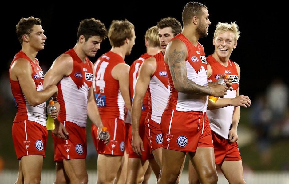 AFL 2018 JLT Community Series - Sydney v GWS SYDNEY, AUSTRALIA - MARCH 09: Lance Franklin of the Swans and Isaac Heaney of the Swans talk after winning the JLT Community Series AFL match between the Sydney Swans and the Greater Western Sydney Giants at Blacktown International Sportspark on March 9, 2018 in Sydney, Australia. (Photo by Cameron Spencer/Getty Images/AFL Media)